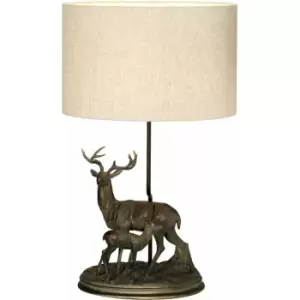 Image of Table Lamp Stag & Fawn Statuette Natural Hessian Shade Bronze Patina LED E27 40w