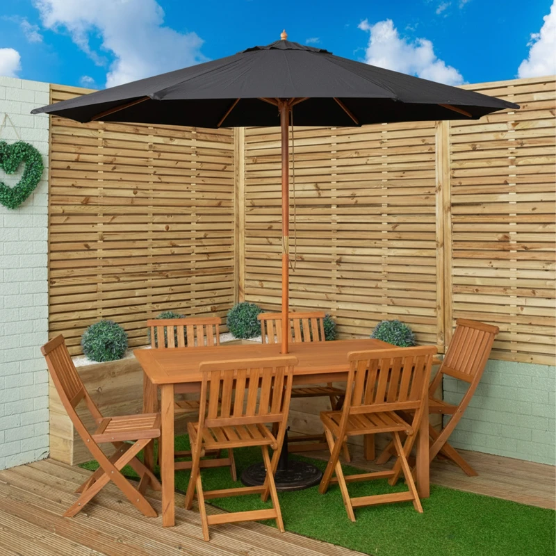 Image of Outdoor 6 Person Rectangular Wooden Garden Patio Dining Table Chairs with Black Parasol and Base Set