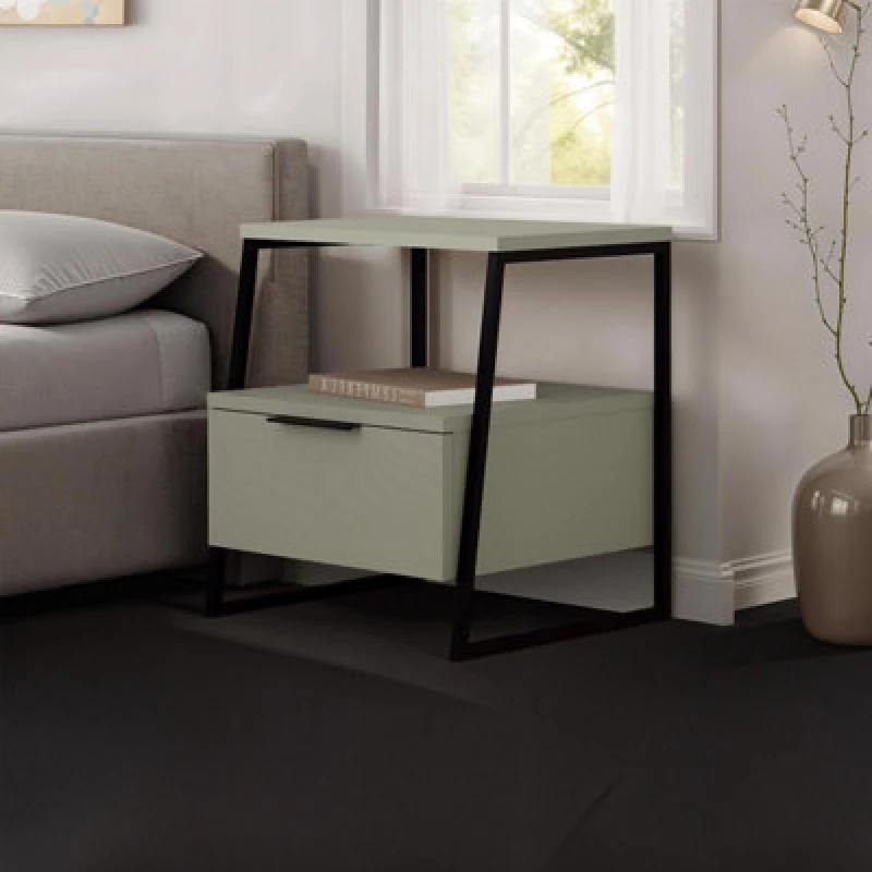 Image of FWStyle FWStyle Sage Green 1 Door Bedside Table Nightstand Black Metal Green One Size Unisex 5056413133274
