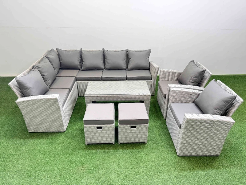 Image of Fimous Outdoor 10 Seater Corner Sofa Sets with Chair 2 Small Stool Light Grey Light Grey Unisex