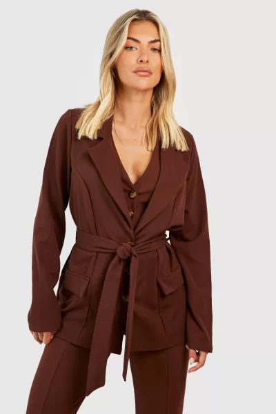 Image of Crepe Tie Waist Tailored Blazer
