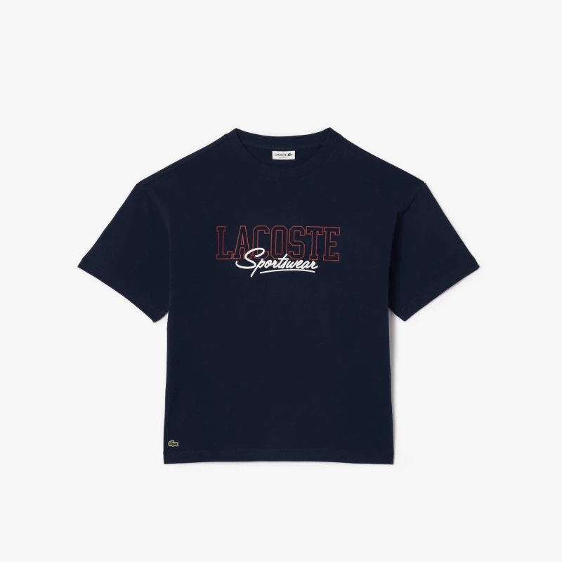 Image of Lacoste Relaxed Fit Lacoste Print Cotton T-Shirt - Blue Blue 9 - 10 Years