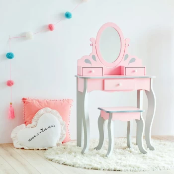 Image of Fantasy Fields Rapunzel Kids Dressing Tables Vanity Table With Mirror & Stool Pink & Grey TD-12851A - Pink / Grey