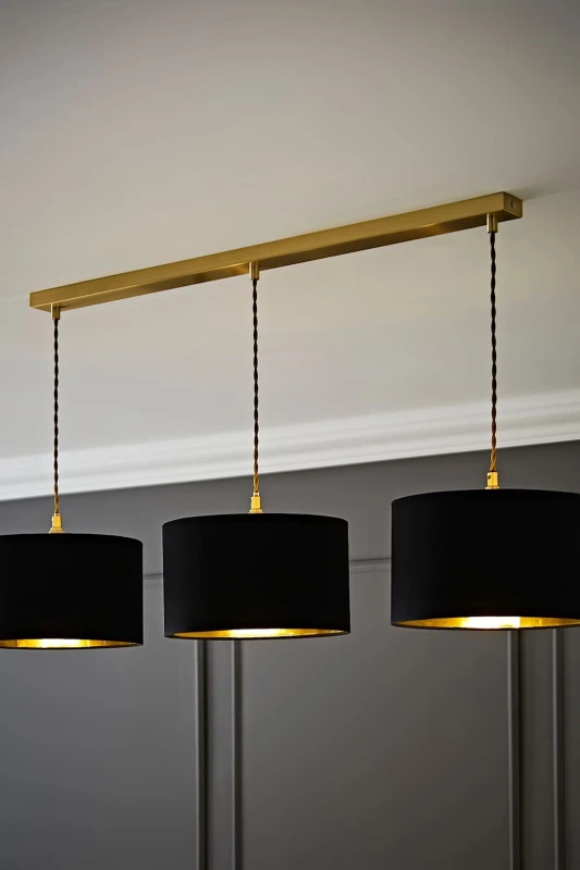 Image of ValueLights ValueLights Reni Metallic Drum Shade 3 Drop Bar Gold Diner Ceiling Pendant Light in Black One Size Unisex 5059406063046