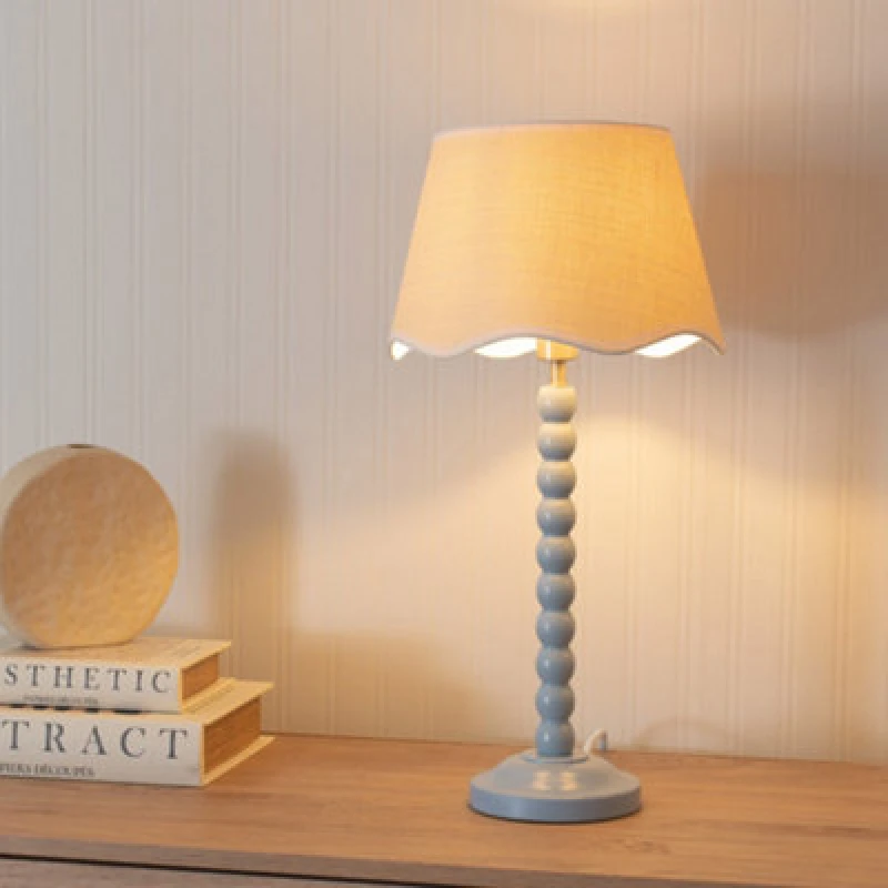 Image of ValueLights Bobbins Powder Blue Table Lamp with Linen Scallop White Trim Shade Pale Blue