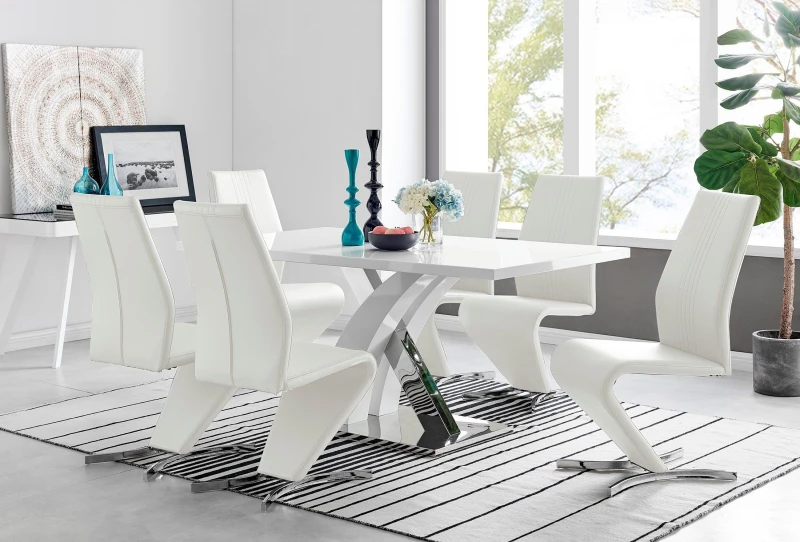 Image of FurnitureboxUK FurnitureboxUK Atlanta Modern Rectangle Chrome Metal High Gloss White Dining Table And 6 Willow Chairs Set in Off White Off White One S