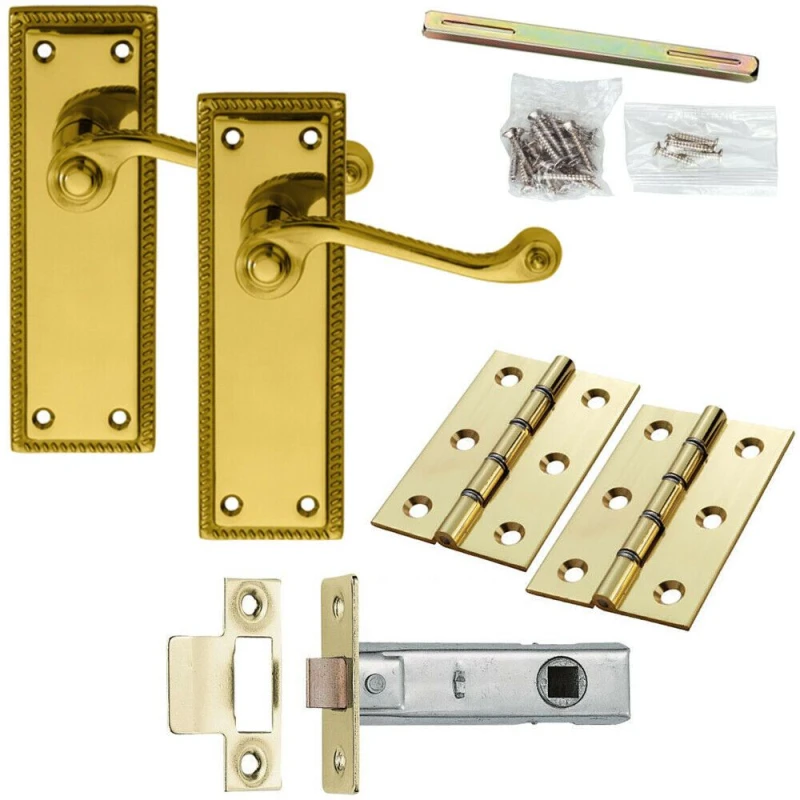 Image of Loops Door Handle & Latch Pack Brass Victorian Scroll Lever Turn Reeded Backplate Metallics