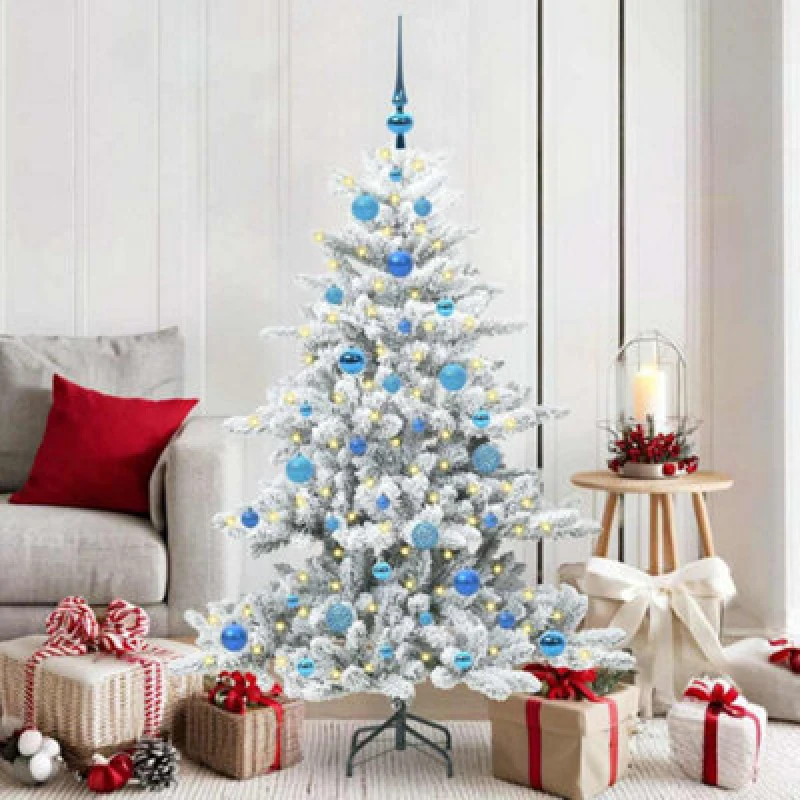 Image of vidaXL Artificial Hinged Christmas Tree with 150 LEDs, Blue Balls Snow Flocked 150cm PVC, Green 3397712
