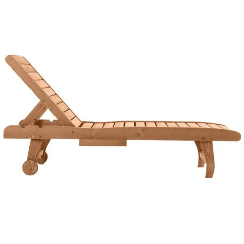 Image of Outsunny Wooden Sun Lounger w/ Pull-out Table, Brown 84B-164