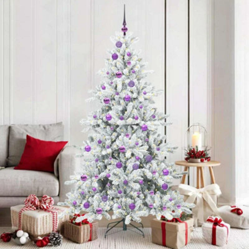 Image of vidaXL Artificial Hinged Christmas Tree with 300 LEDs, Lilac Balls Snow Flocked 180cm PVC, Green 3397724