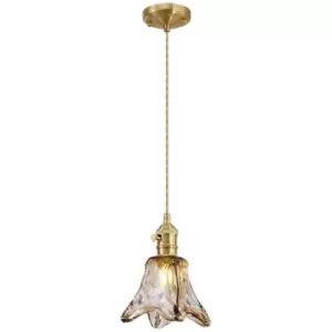 Image of Luminosa Lighting - Luminosa Leyden Switched Ceiling Pendant 1.5m, E27, Brass, Pale Gold Twisted Cable, Brown Flower Glass