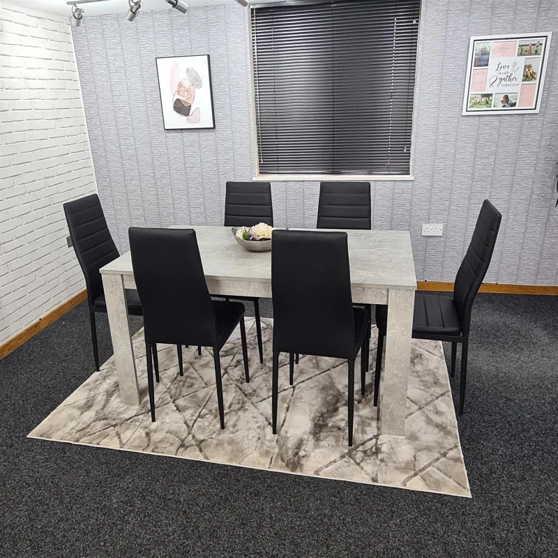 Image of KOSY KOALA Kosy Koala - Dining Table and 6 Chairs Stone Grey Effect Wood Table 6 Black Leather Chairs Dining Room Stone grey 117 + 6 Black metal chair