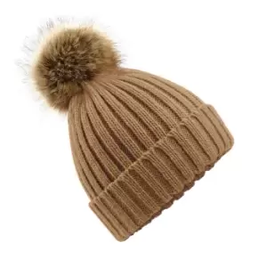 Image of Beechfield Unisex Fur Pop Pom Chunky Beanie (One Size) (Biscuit Beige)