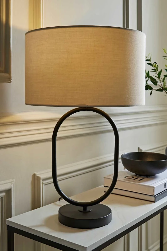 Image of ValueLights ValueLights Antonia Fabric Drum Lamp Shade Matte Black Oval Table Lamp in Natural Natural One Size Unisex 5059406064890