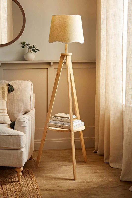 Image of ValueLights Morrigan Light Wood Tripod Floor Lamp with Scallop Trim Tapered Lamp Shade White