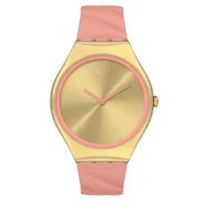 Image of Swatch Blush Quilted Quartz Gold Dial Pink Leather Strap Unisex Watch SYXG114
