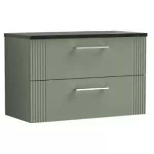Image of Nuie Deco Satin Green 800mm Wall Hung 2 Drawer Vanity Unit with Sparkling Black Laminate Worktop - DPF895LSB - Satin Green