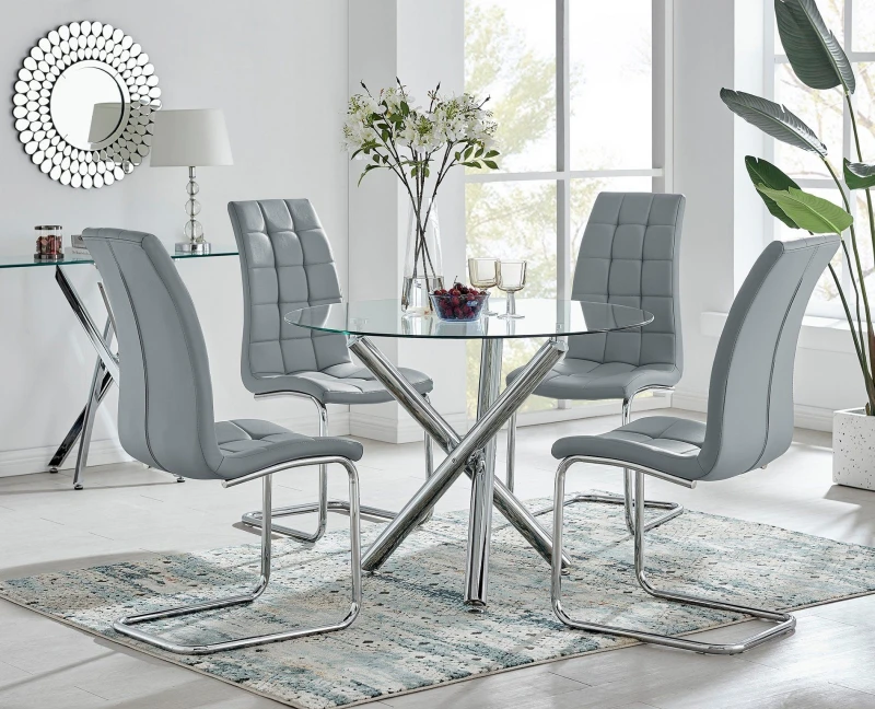 Image of FurnitureboxUK FurnitureboxUK Selina Round Glass Chrome Leg Dining Table and Murano Chairs in Grey Size: 4 Person Grey 4 Person Unisex 5056542656293