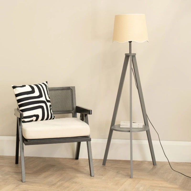Image of ValueLights Morrigan Grey Wood Tripod Floor Lamp with Scallop White Trim Taper Shade & Bulb Grey