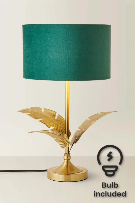 Image of ValueLights ValueLights Christina Velvet with Gold Inner Drum Shade Gold Palm Leaf Table Lamp with Bulb in Bottle Green Bottle Green One Size Unisex 5