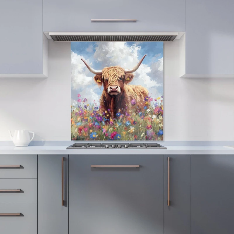 Image of Warren Reed - Designer Highland Cow In A Summer Meadow Kitchen Splashback Size: 700mm x 650mm Multicolor Unisex 700mm x 650mm