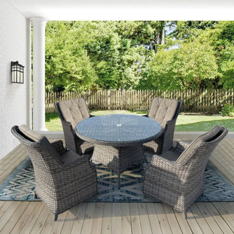 Image of 5 Pieces Outdoor Rattan Dining Set, Wicker Dining Sofa Set With Soft Cushion Tempered Glass Table Aluminum Frame