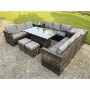 Image of Fimous 6 Seater Dark Grey Outdoor Rattan Dining Sofa Complete Set with Adjustable Table, 2 Side Coffee Tables and 2 Stools