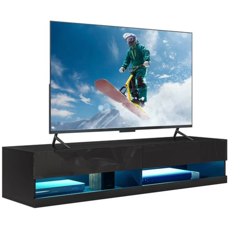Image of HOMCOM High Gloss TV Stand Unit Wall Mounted with LED Lights - Black TJ Hughes 5056725554125