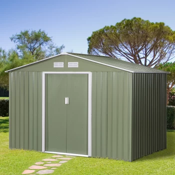 Image of Outsunny 9 x 6FT Outdoor Garden Roofed Metal Storage Shed Tool Box with Foundation Ventilation & Doors Light Green