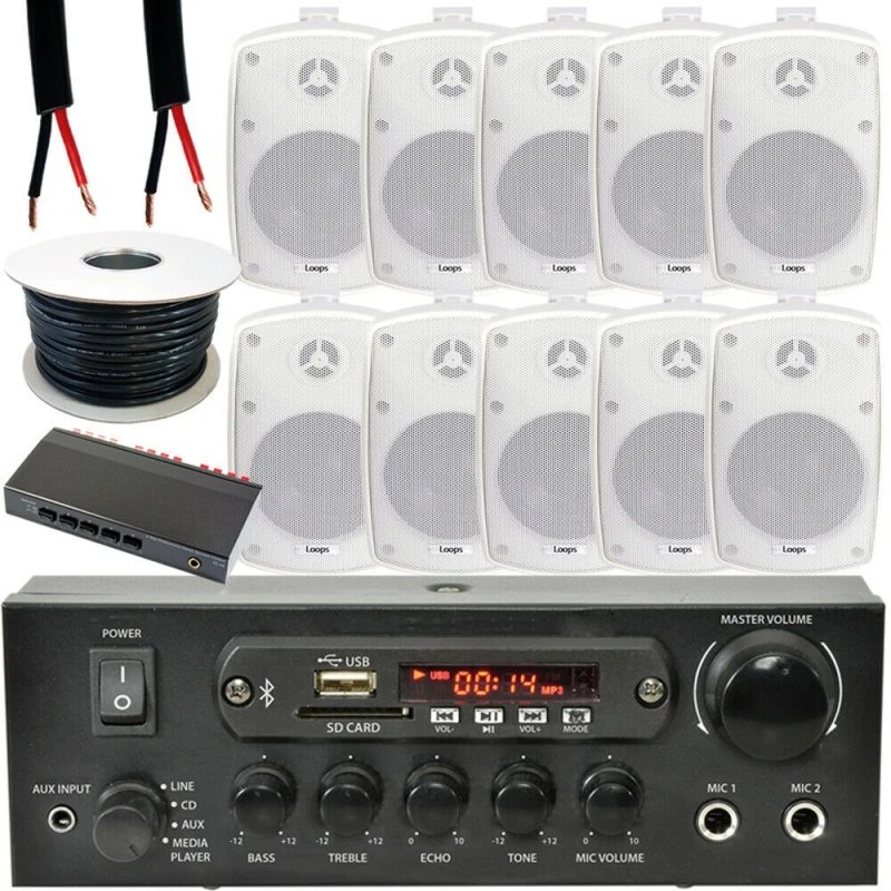 Image of Loops Outdoor Bluetooth Speaker Kit 10x 60W White Stereo Amp 5 Zone Garden Parties White unisex