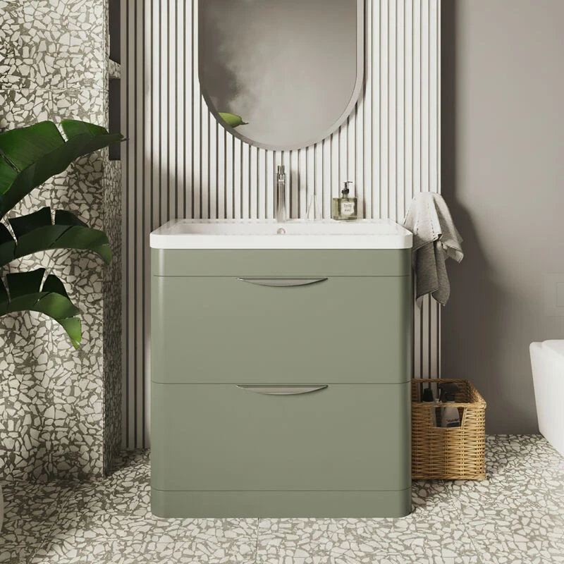Image of NUIE Nuie Parade Floor Standing 2-Drawer Vanity Unit with Polymarble Basin 800mm Wide - Satin Green FPA804