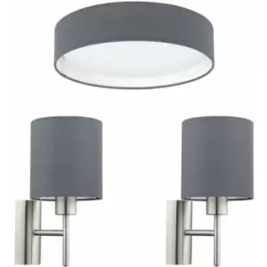 Image of Loops - Low Ceiling Light & 2x Matching Wall Lights Grey Fabric Round Shade Lamp