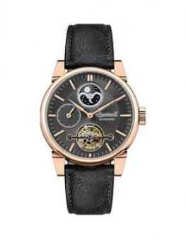 Image of Ingersoll Ingersoll The Swing Grey And Rose Gold Detail Skeleton Eye Moonphase Automatic Dial Black Leather Strap Watch