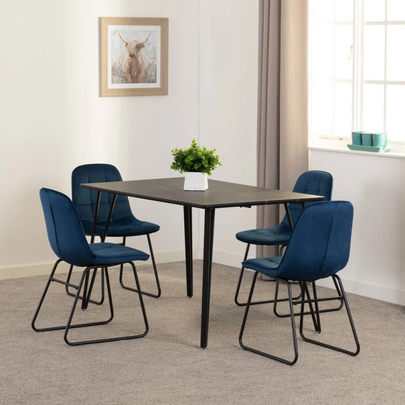 Image of Seconique Marlow & LUKas Dining Set (x4 Chairs) - Black Marble/Sapphire Blue Velvet, Black 400-401-340