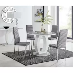 Image of Furniturebox UK - Furniturebox Giovani Grey 100cm Round Dining Table and 4 Grey Velvet Milan Dining Chairs With Silver Legss