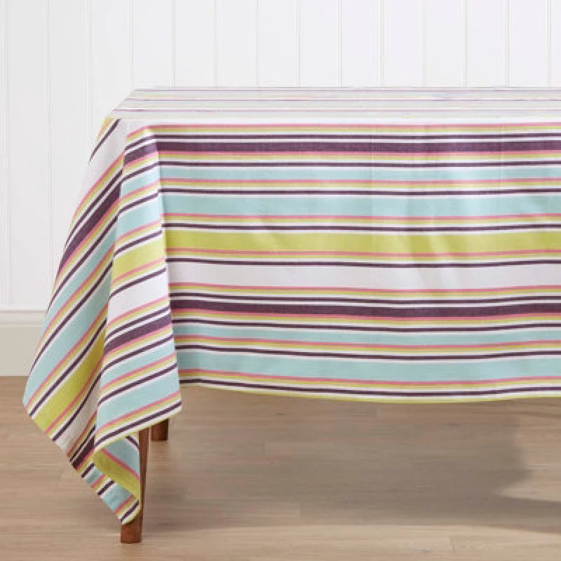 Image of Homescapes Striped Cotton Tablecloth, 137cm x 228cm Green