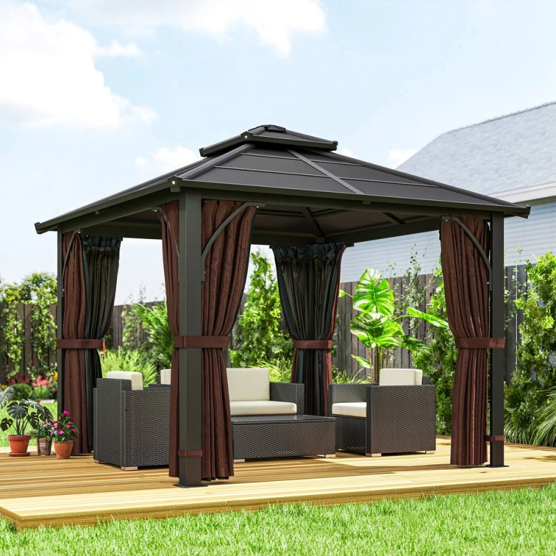 Image of Outsunny 3x3(m) Hardtop Gazebo with Polycarbonate Roof & Sides Brown