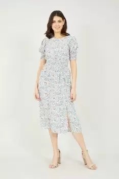 Image of Blue Ditsy Floral Shirred Waist Midi Dress