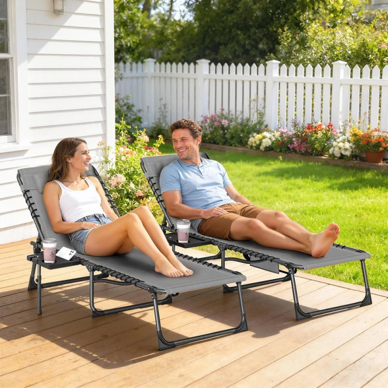 Image of OUTSUNNY Folding Sun Loungers with 5-Level Back, Cup Holder in Grey Size: 190cm x 60cm Grey Unisex 190cm x 60 cm