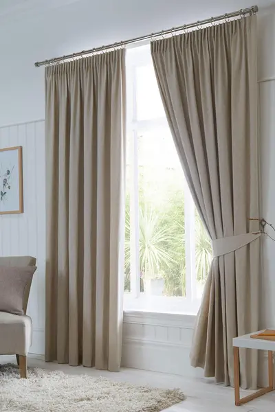 Image of Fusion 'Dijon' Thermal and Blackout Fully Lined Pencil Pleat Curtains Natural
