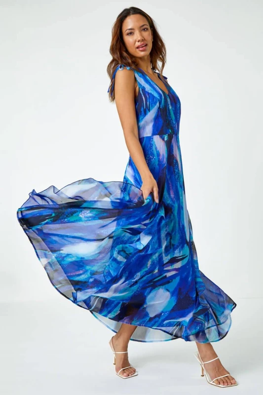 Image of Roman Abstract Print Frill Maxi Dress Blue