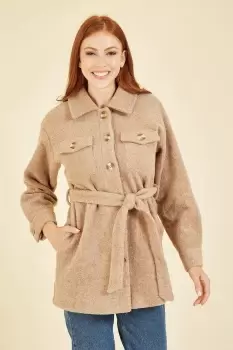 Image of Beige Button Down Shacket With Tie Belt