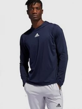 Image of Adidas 3 Stripe Long Sleeve Hooded T-Shirt - Navy