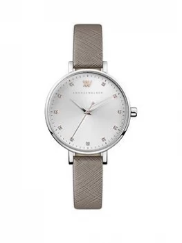 Image of Amanda Walker Florence Silver Crystal Set Dial Grey Leather Strap Ladies Watch