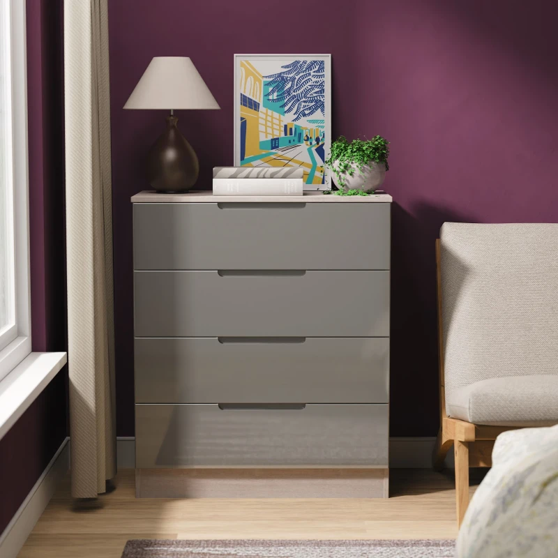 Image of Welcome Furniture Ltd Milan 4 Drawer Chest in Grey Gloss & Grey Oak - Ready Assembled, Grey MIL011GGGO