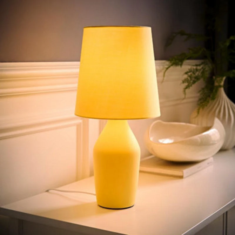 Image of ValueLights Arlo Compact Ceramic Table Lamp with Fabric Shade with LED Bulb Yellow