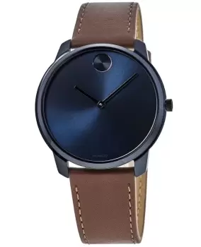 Image of Movado Bold Blue Dial Brown Leather Strap Mens Watch 3600585 3600585