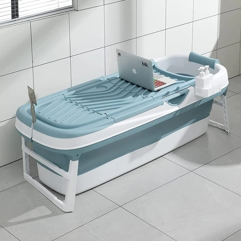 Image of Fimous Portable Folding Shower Bathtub Adult Freestanding Bathtub for Small Bathrooms with Soap Basket in Blue Blue Unisex