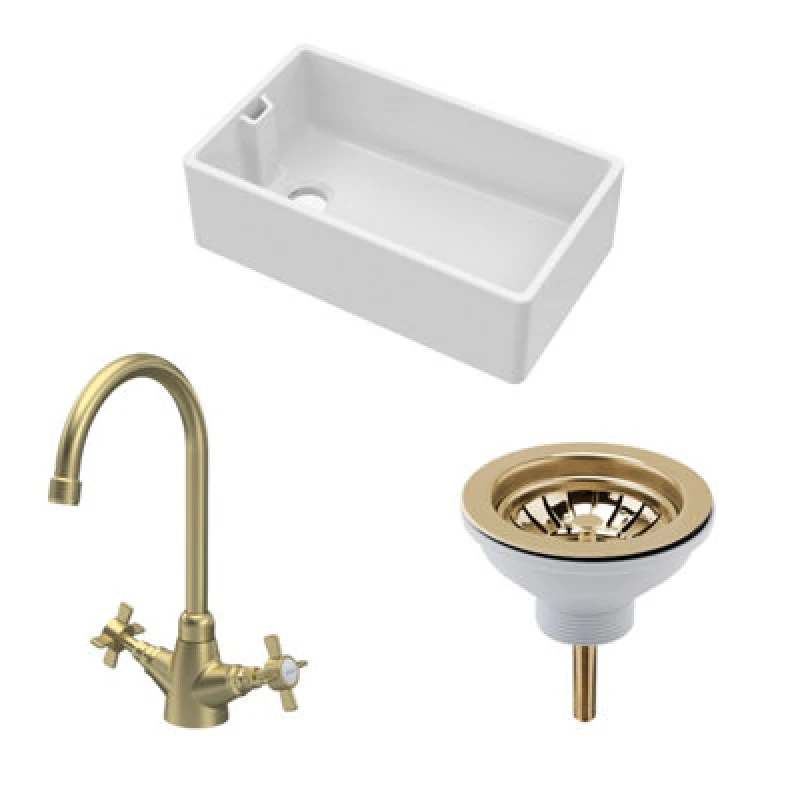 Image of Balterley Fireclay 1 Bowl Belfast Sink Strainer Waste Tap Brushed Brass 795mm Bronze