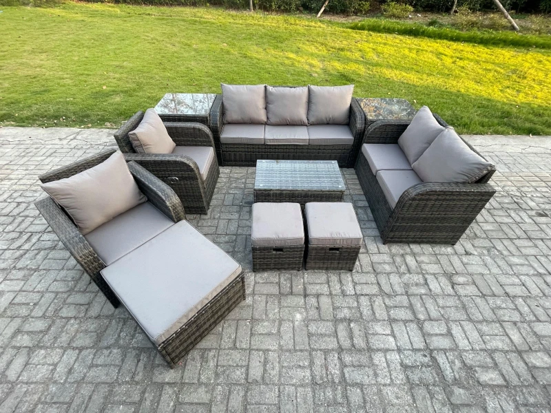 Image of Fimous Patio Garden Furniture Sets Wicker 10 Seater Outdoor Rattan Furniture Sofa Sets with Rectangular Coffee Table Reclining Chair Dark Grey unisex
